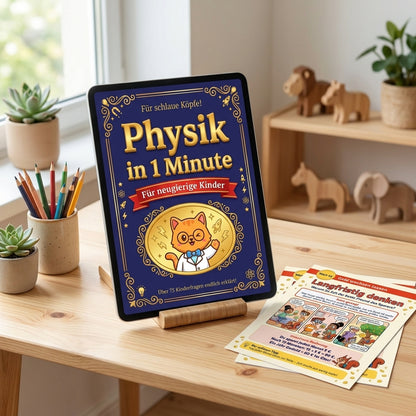 Ein Tablet zeigt das Cover von Physik in 1 Minute, daneben ausgedruckte Seiten