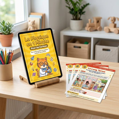 Une tablette affiche la couverture de La Physique en 1 Minute, à côté de pages imprimées