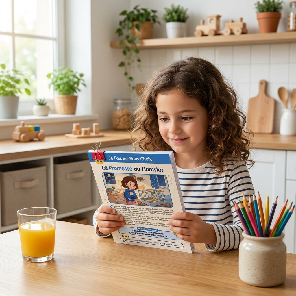 Une enfant lit des pages imprimées d'un livre du Club