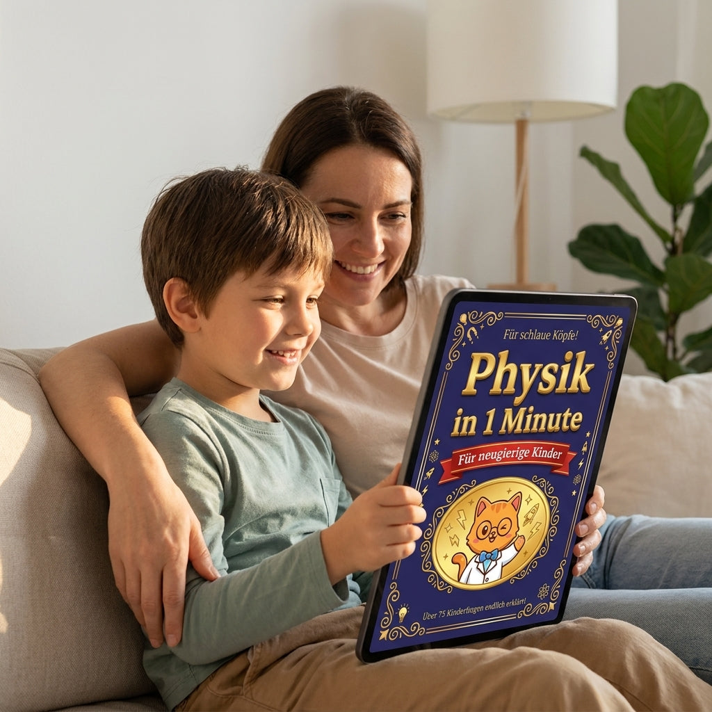 Ein Kind und seine Mutter lesen Physik in 1 Minute auf dem Tablet