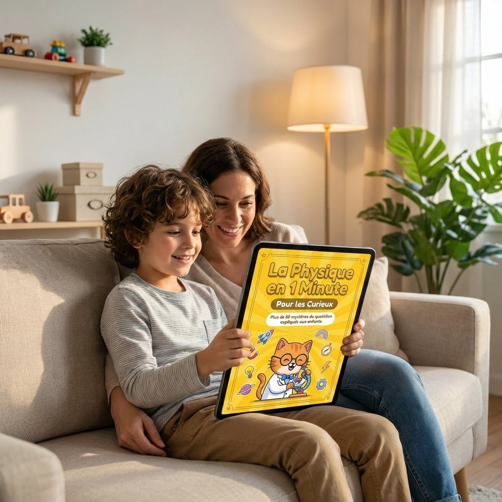 Un enfant et sa mère lisent La Physique en 1 Minute sur une tablette